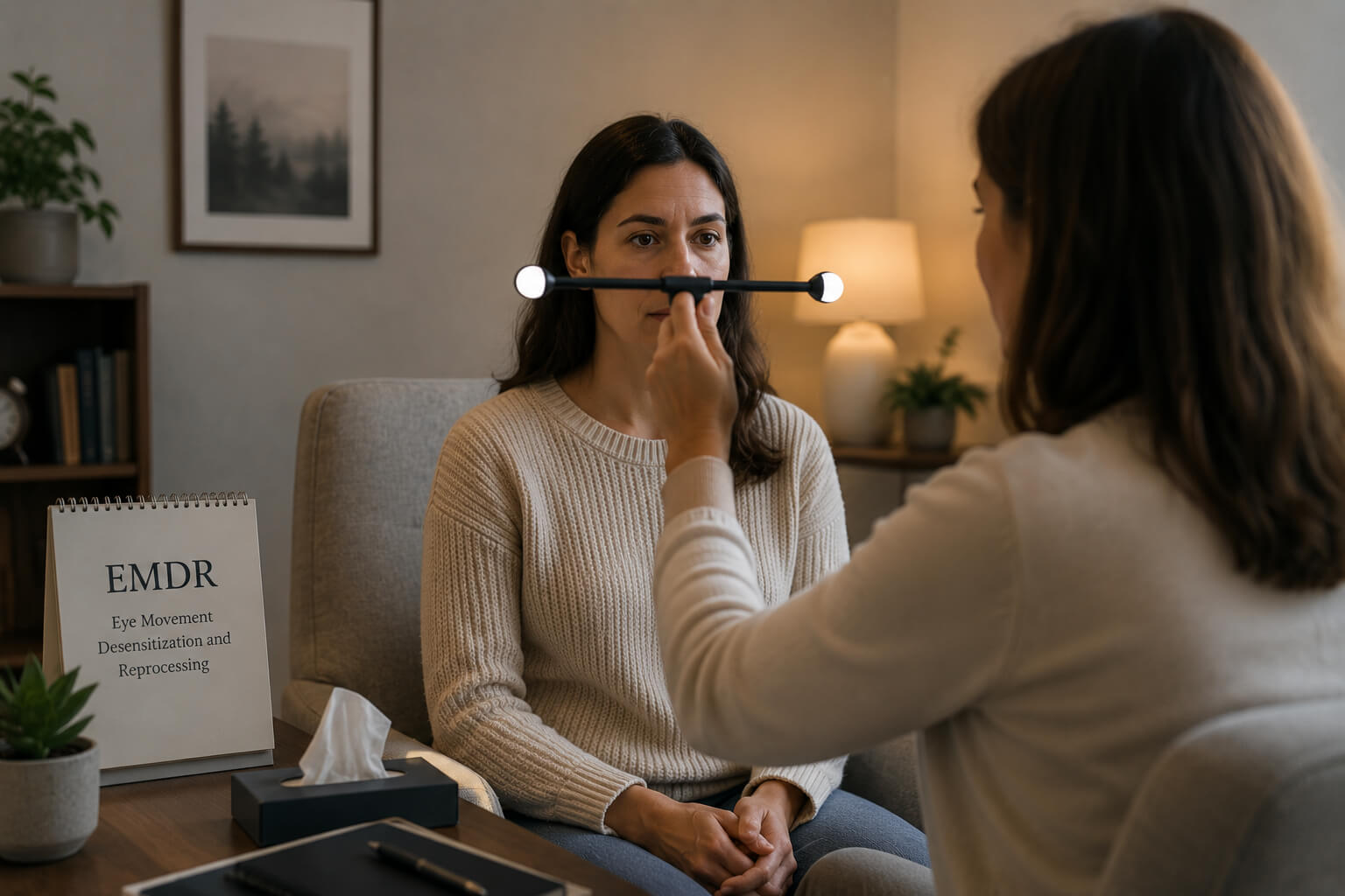 EMDR therapy session with therapist guiding bilateral stimulation while client processes traumatic memories in a calm counseling office | Reign Psychotherapy