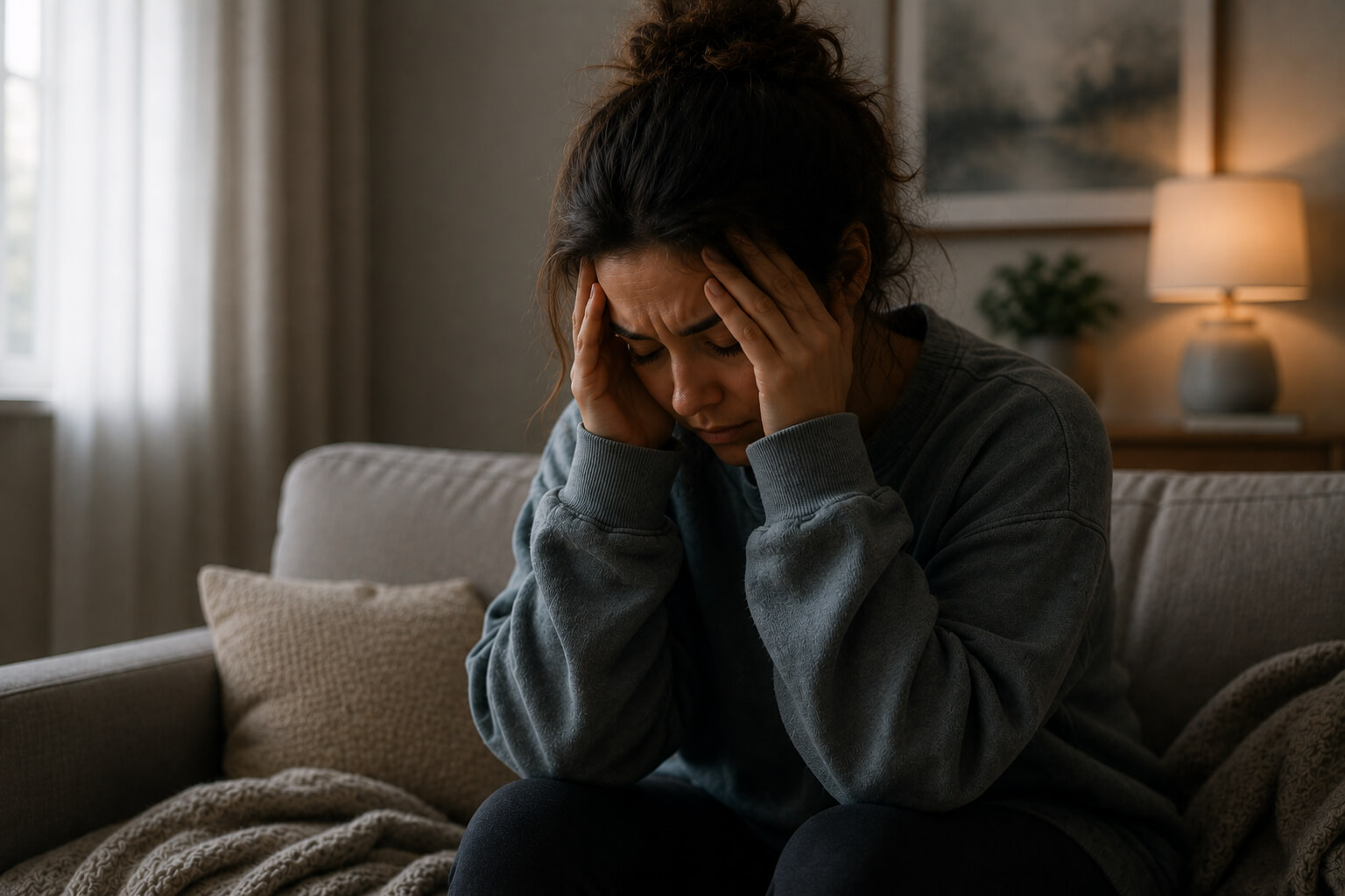 Woman experiencing persistent anxiety while sitting alone in her living room, reflecting feelings of overwhelm and emotional distress | Reign Psychotherapy