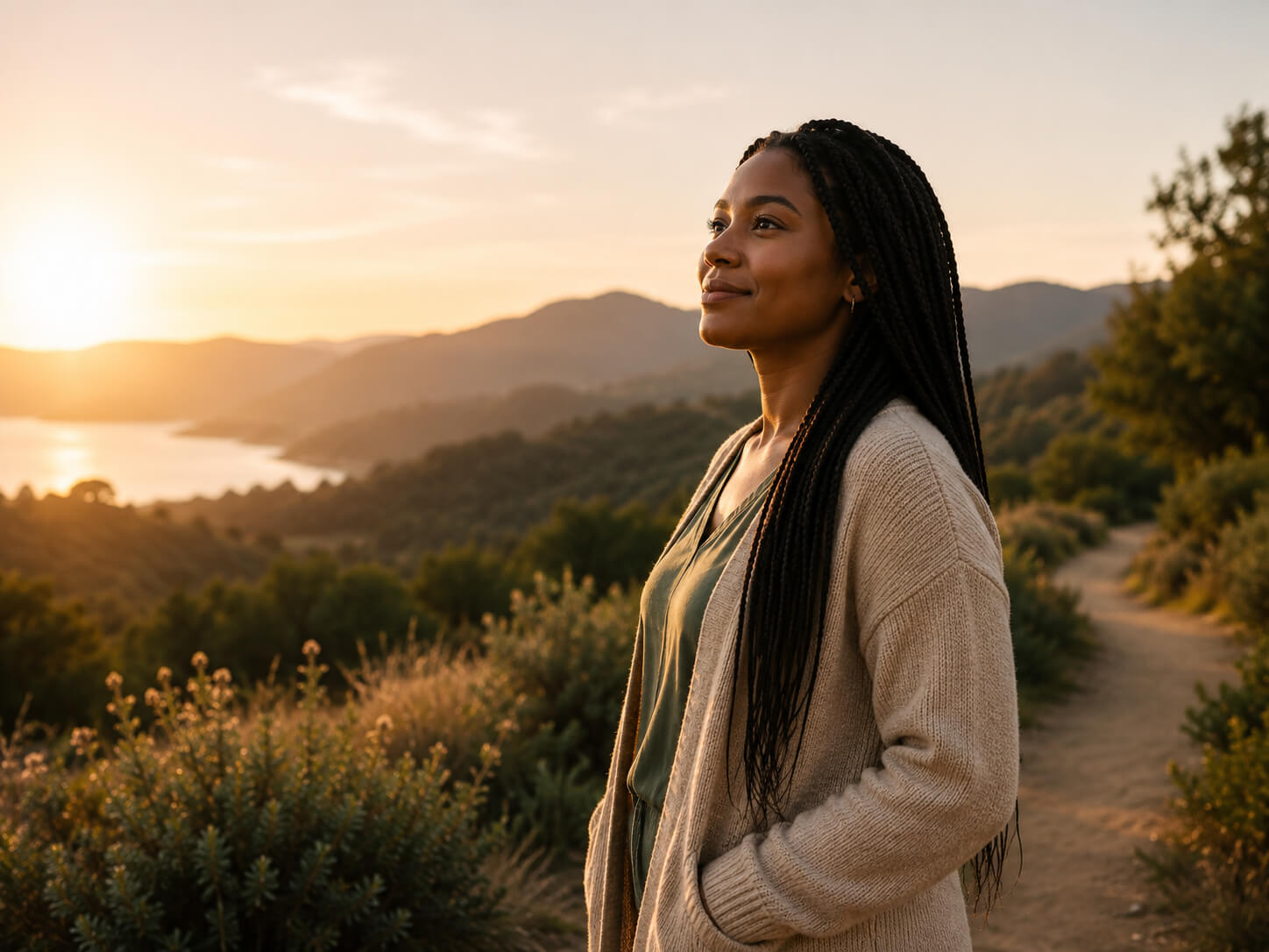 Alt Text: Woman standing confidently in nature after a healing journey, representing hope, growth, and emotional well-being through Ketamine-Assisted Psychotherapy at Reign Psychotherapy.