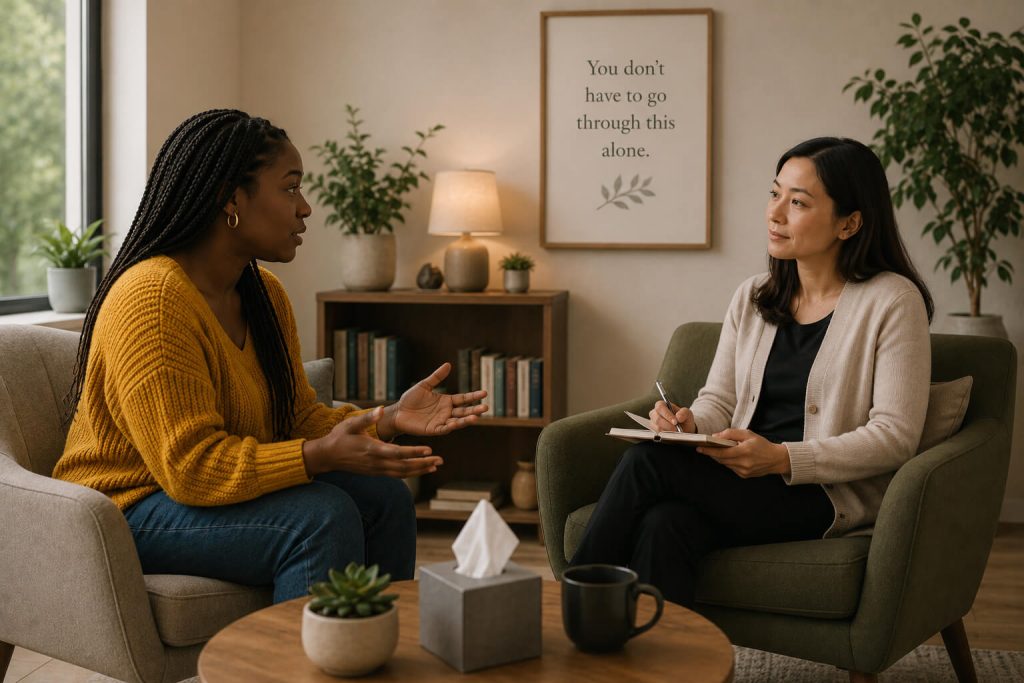 Compassionate grief counseling session between therapist and client in a supportive environment focused on healing, loss, and emotional recovery | Reign Psychotherapy