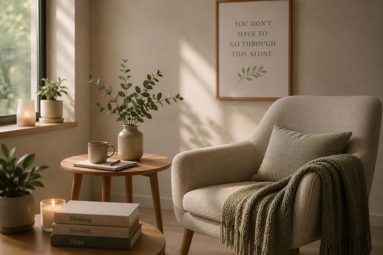 Warm and inviting therapy office designed to provide comfort, support, and healing during grief and loss counseling sessions | Reign Psychotherapy