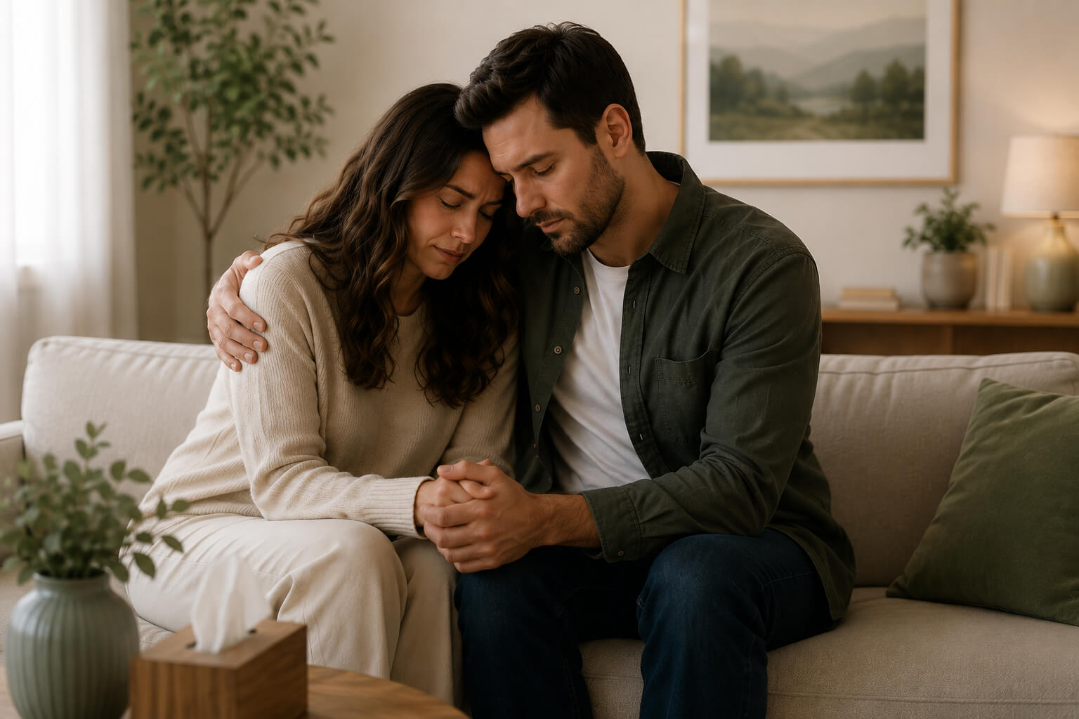 Couple grieving together in a supportive home environment while processing loss and emotional healing through grief counseling at Reign Psychotherapy