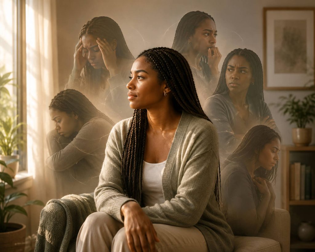 African American woman with braids reflecting calmly while different emotional parts of herself appear around her, illustrating Internal Family Systems (IFS) Therapy at Reign Psychotherapy.