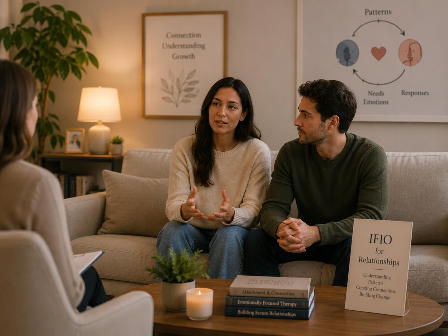 Couple participating in IFIO-informed relationship therapy session focused on communication, attachment, and emotional connection | Reign Psychotherapy