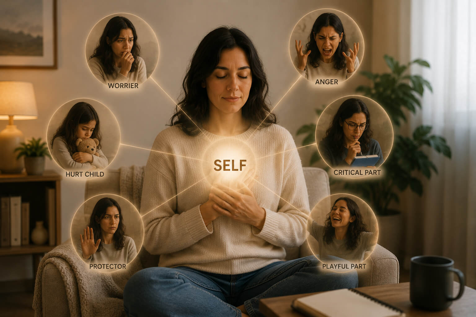 Illustration of Internal Family Systems (IFS) therapy showing the core Self connected to different internal parts, including the inner child, protector, critic, worrier, anger, and playful self | Reign Psychotherapy