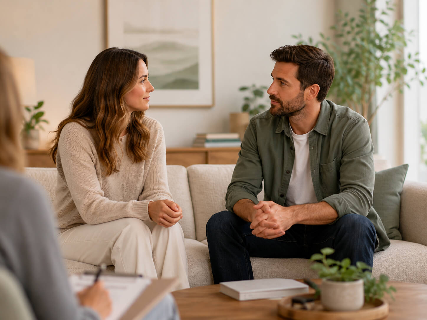 Couple participating in a couples therapy session at Reign Psychotherapy, building communication, trust, and emotional connection.