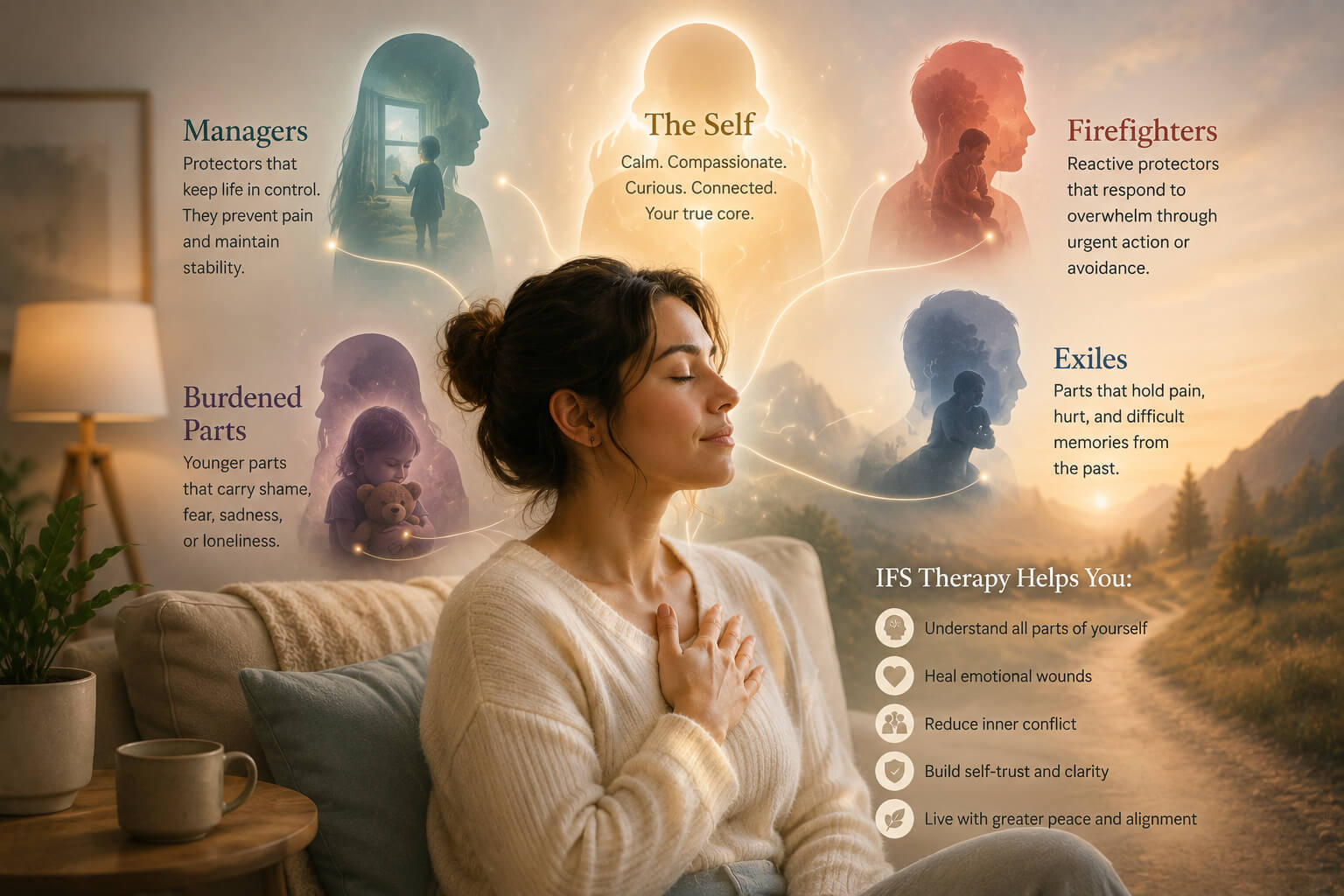 Woman practicing self-compassion during an Internal Family Systems (IFS) Therapy visualization, illustrating managers, firefighters, exiles, and Self-energy at Reign Psychotherapy.