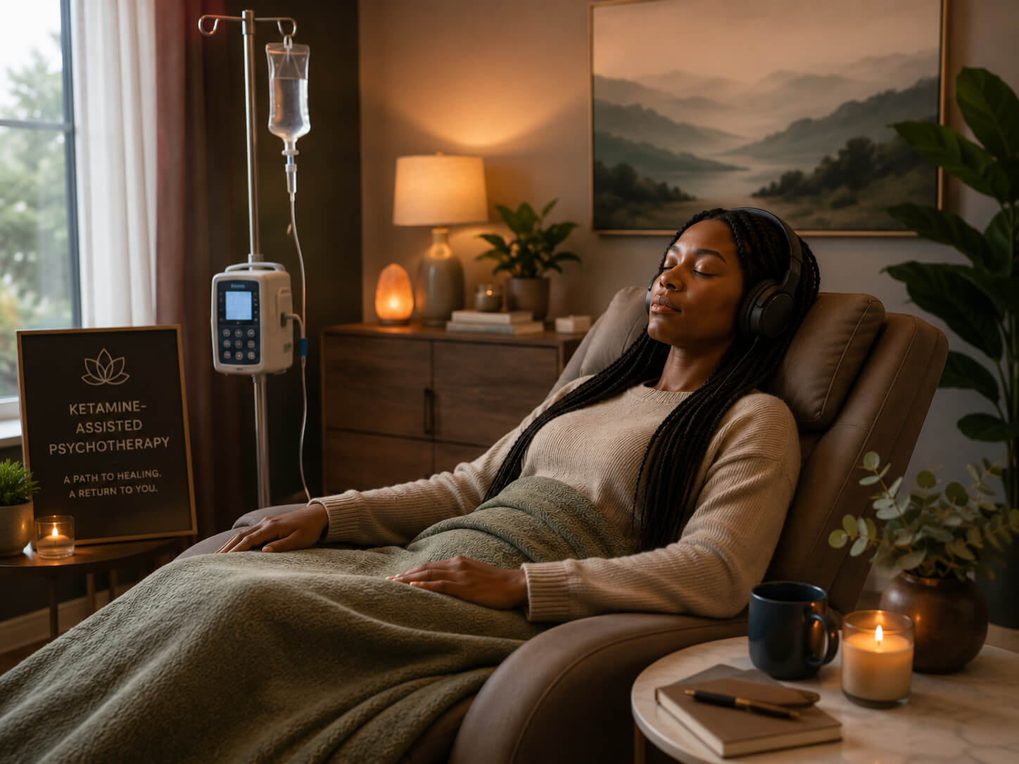 Client participating in ketamine-assisted psychotherapy in a comfortable therapeutic setting at Reign Psychotherapy.