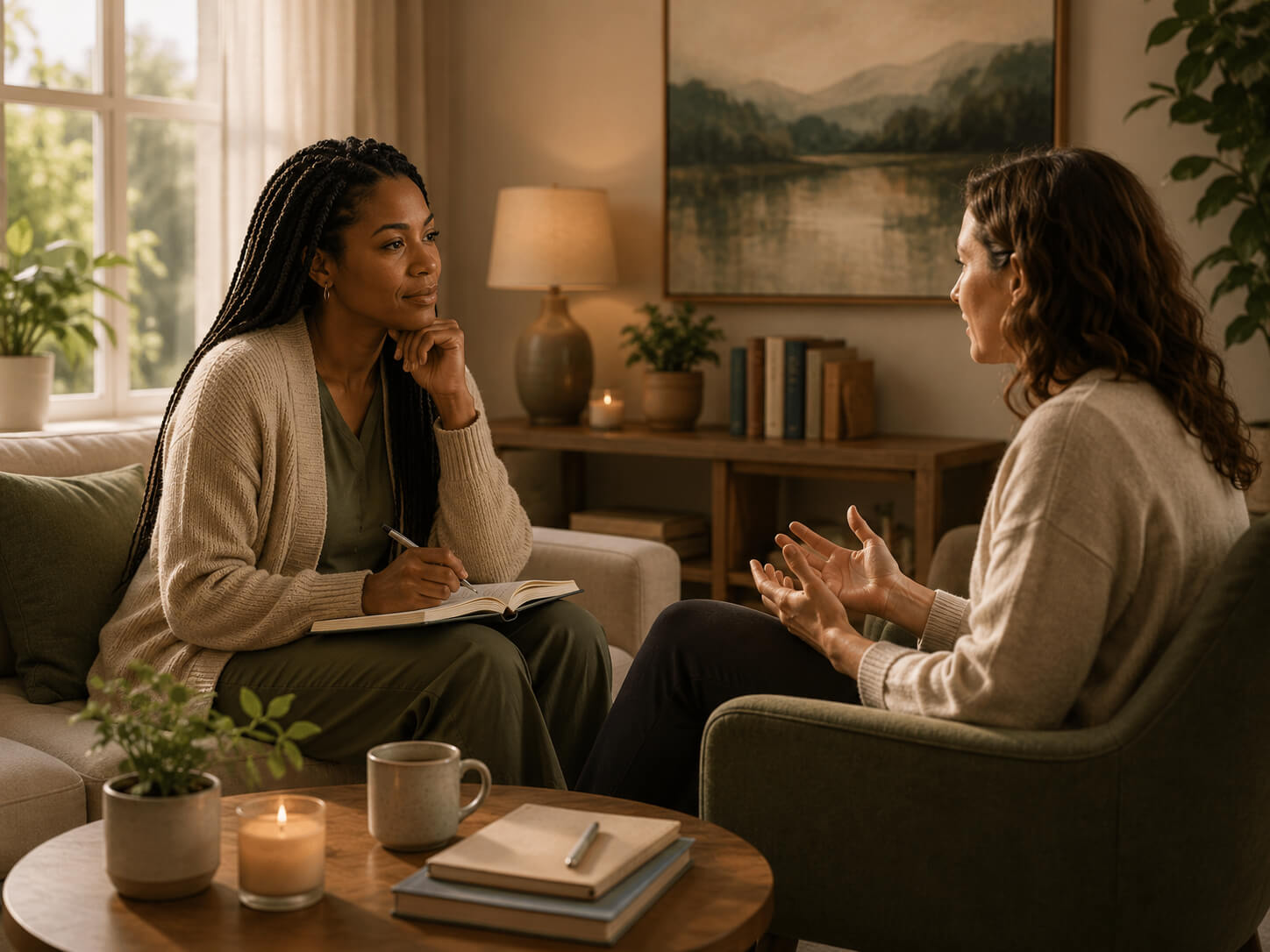 Therapist and client engaged in a supportive integration session following Ketamine-Assisted Psychotherapy at Reign Psychotherapy.