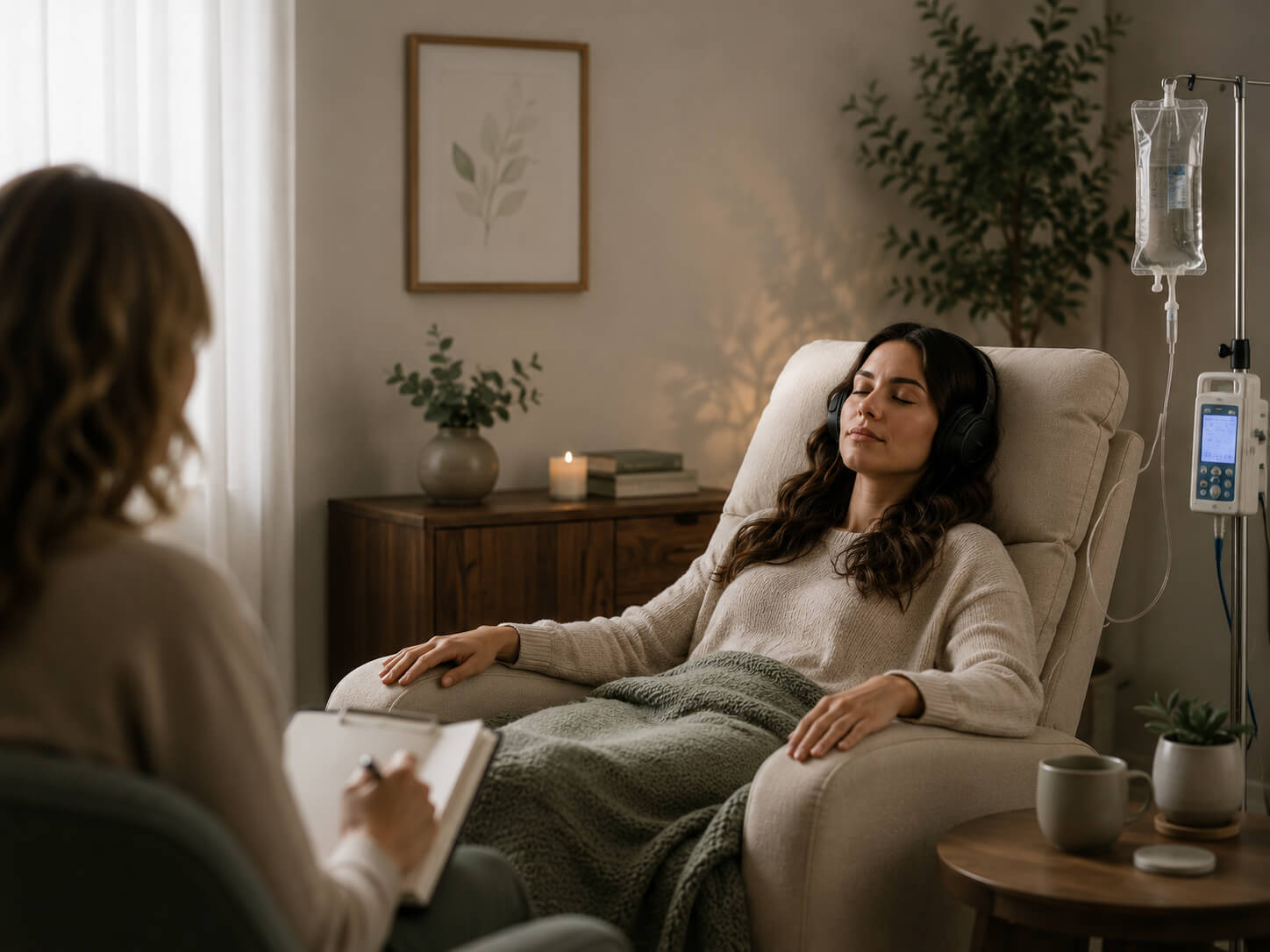 Client participating in ketamine-assisted psychotherapy session with therapeutic support at Reign Psychotherapy