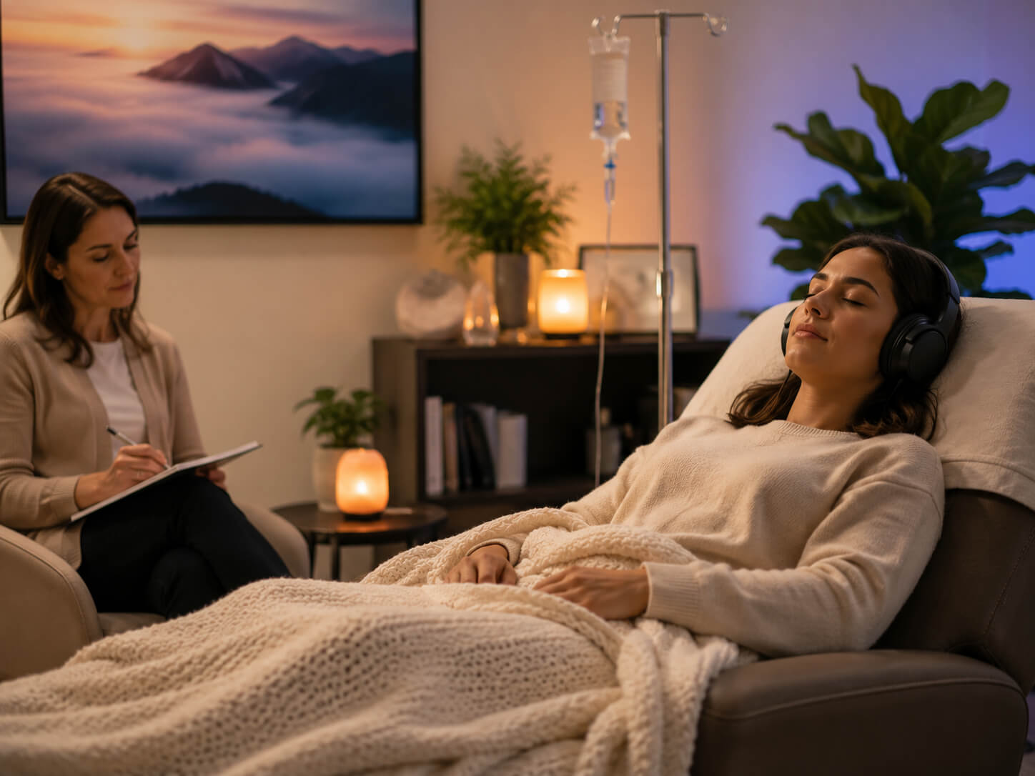 Client receiving ketamine-assisted psychotherapy in a calm therapeutic setting while supported by a licensed therapist | Reign Psychotherapy