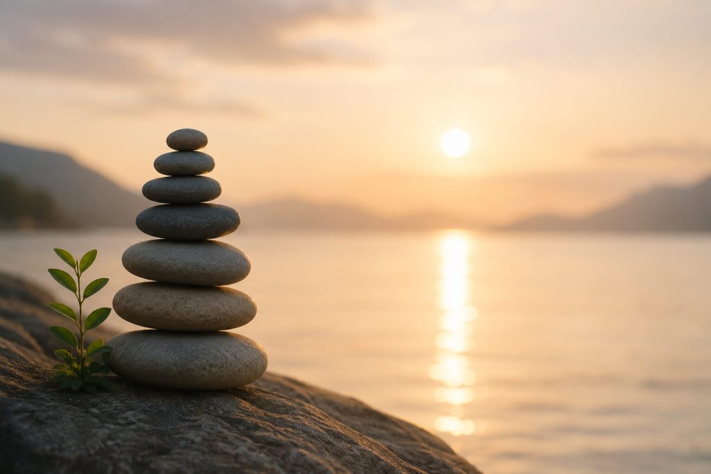Grief counseling and emotional healing symbolized by balanced stones at sunrise representing hope, resilience, and recovery | Reign Psychotherapy