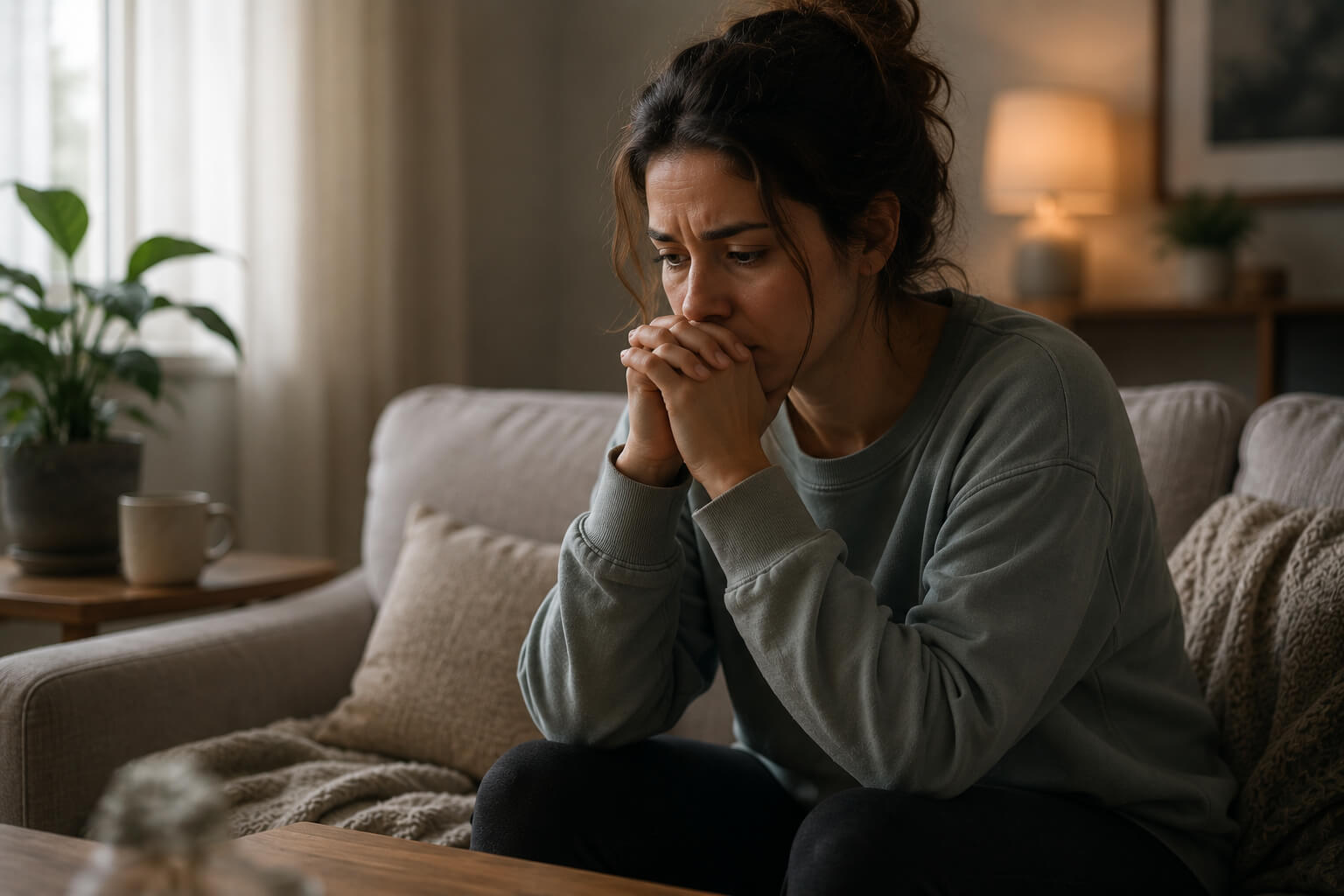 Woman experiencing persistent anxiety while sitting alone in her living room, reflecting feelings of overwhelm and emotional distress | Reign Psychotherapy