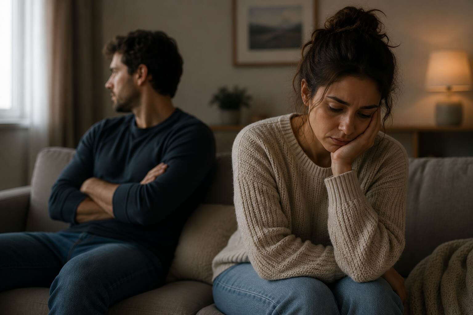 Complex Trauma Therapy Couple sitting apart in emotional distress, struggling with communication, trust, and relationship challenges at home | Reign Psychotherapy