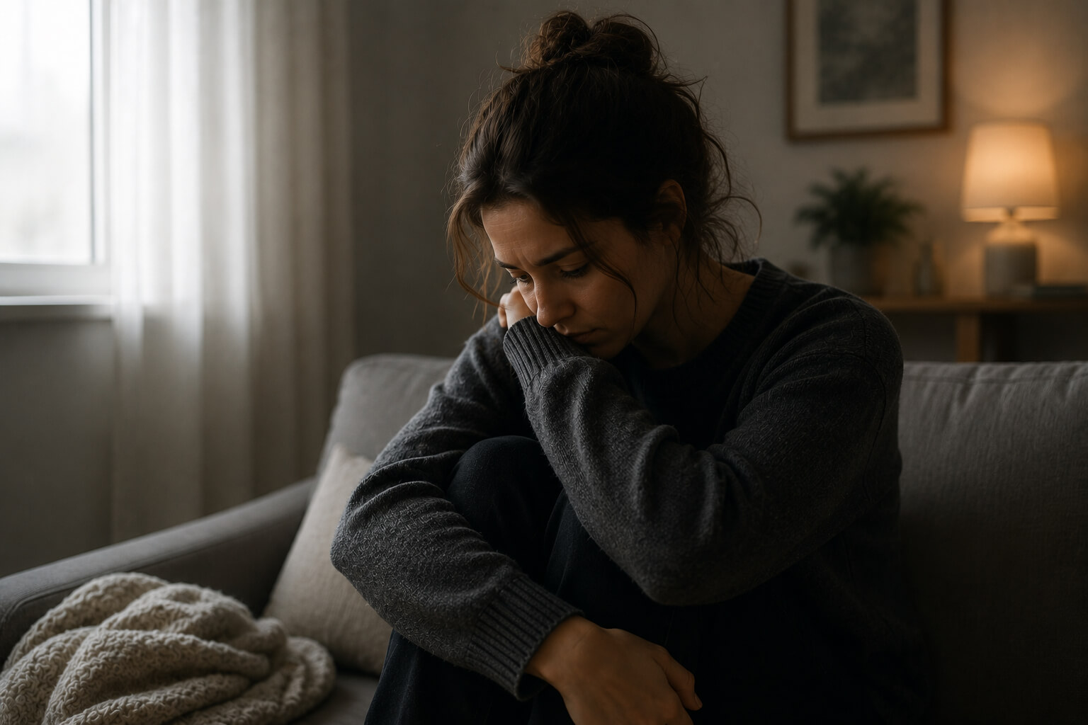 Woman sitting alone with her head lowered, struggling with shame, self-doubt, and harsh self-criticism in a quiet home setting | Reign Psychotherapy