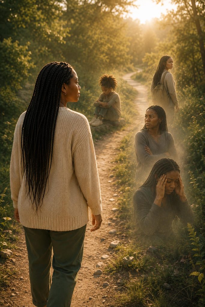 Woman walking along a sunlit path while different emotional parts of herself appear nearby, illustrating the Internal Family Systems (IFS) therapy journey at Reign Psychotherapy.
